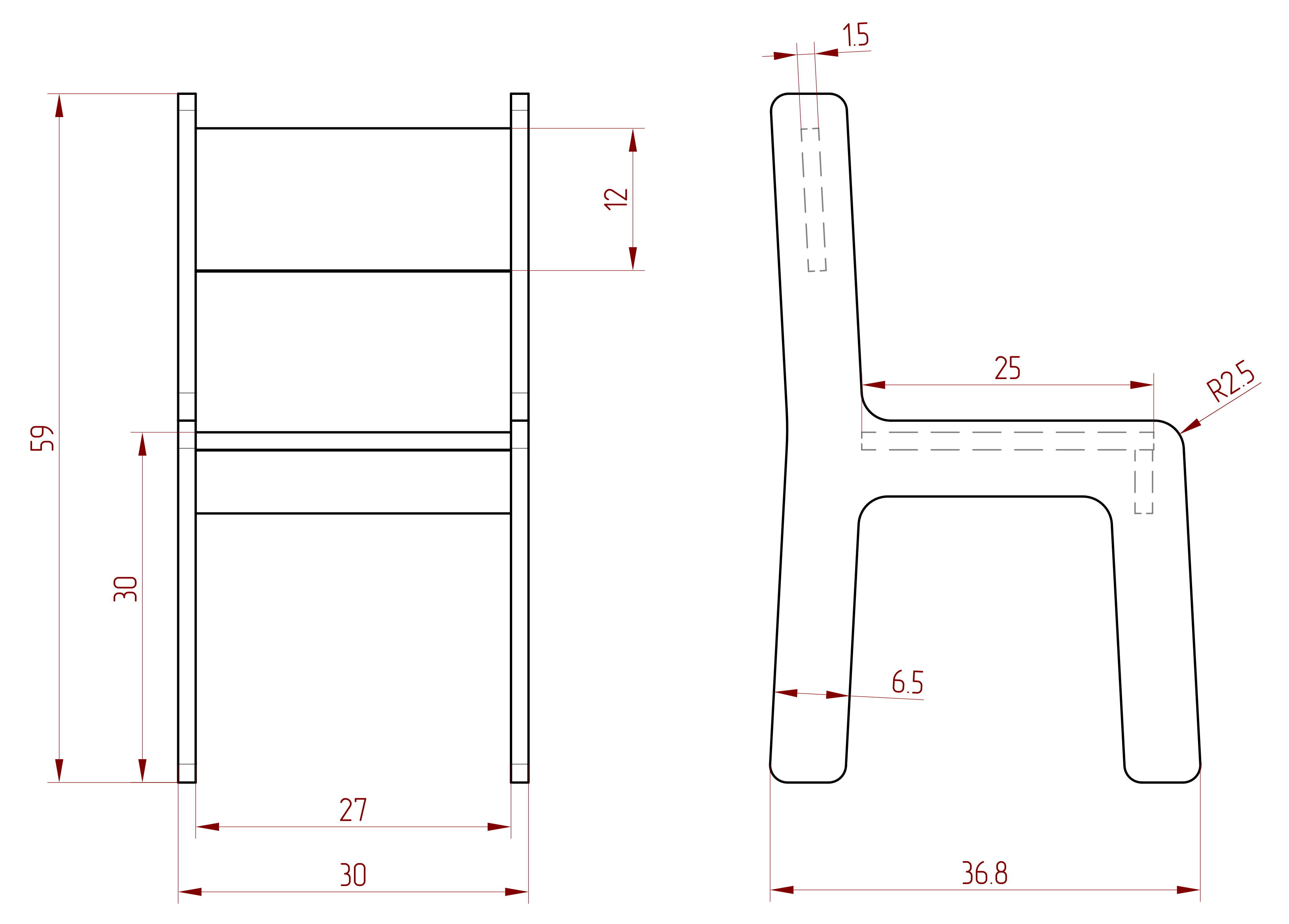 Rysunek techniczny drewnianego krzesełka dla dzieci